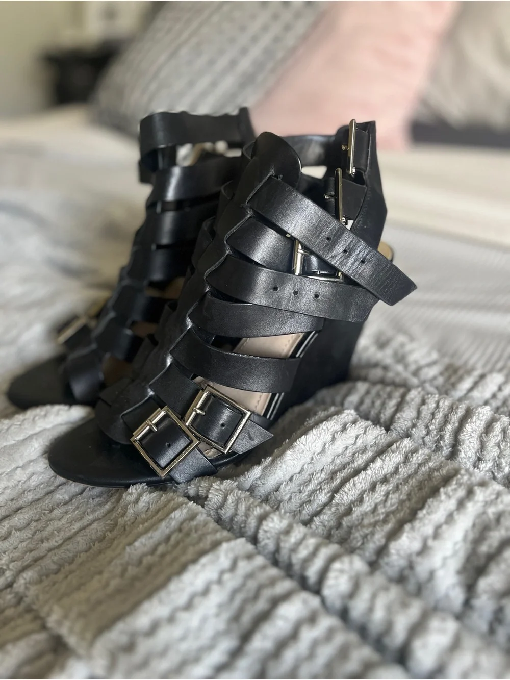 Vince Camuto Black Strappy Buckle Heeled Sandals